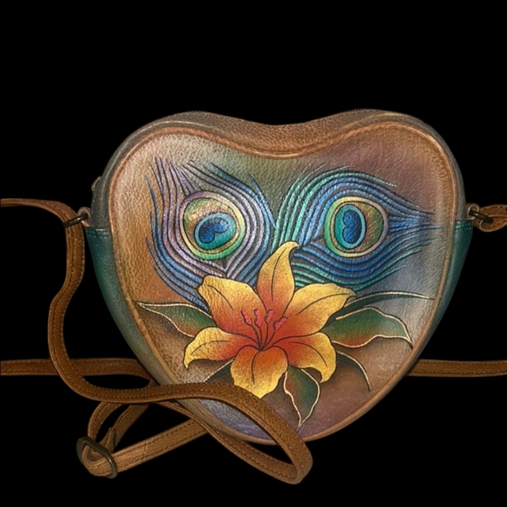 Anuschka Hand Painted Leather Heart Shaped Cross Body Bag in Peacock Lily